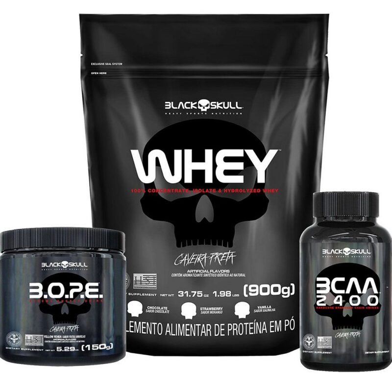WHEY 900 GR + BCAA 100 CAPSULAS + BOPE PRE-TREINO - BLACK SKULL