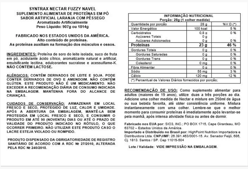 NECTAR SYNTRAX - WHEY ISOLADO FUZZY NAVEL (LARANJA E PÊSSEGO) 907G - IMPORTADO