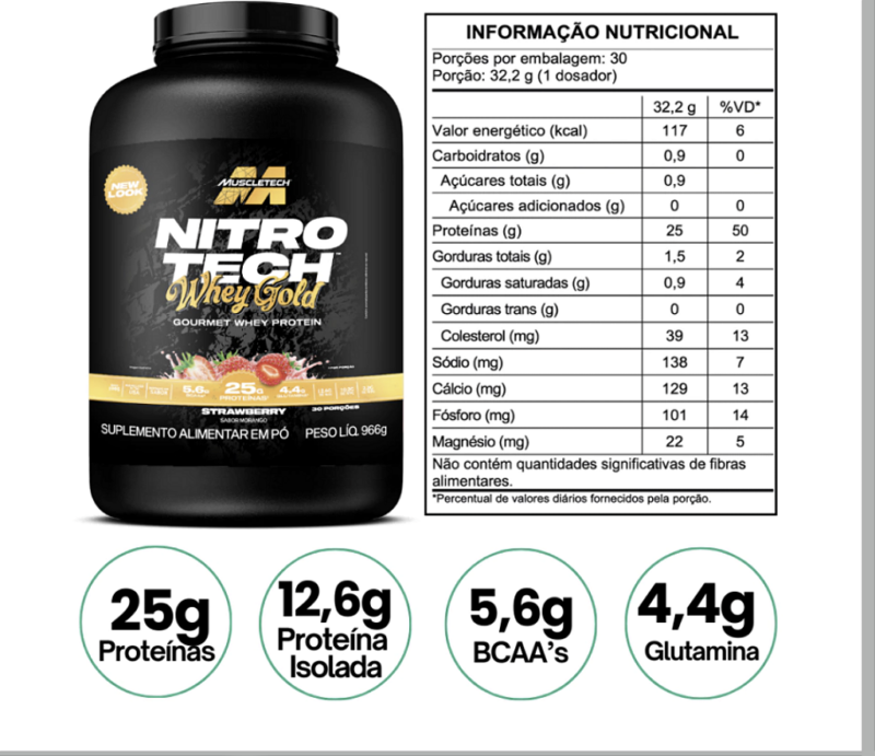 NITRO TECH WHEY GOLD 966 GR MORANGO - MUSCLETECH